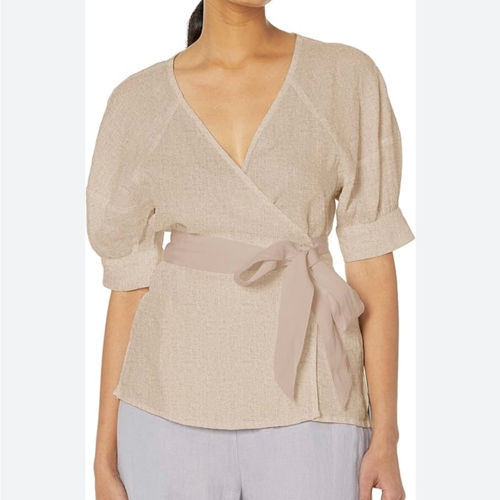 Club Monaco Linen wrap top with puff sleeves